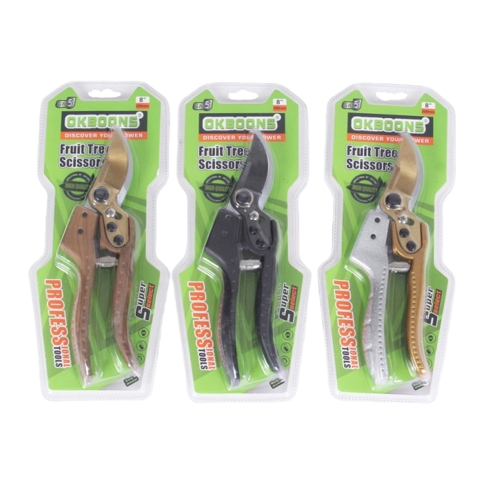 Three pairs of green packaged fruit tree scissors with black, silver and gold wood grain handles, a gardening pruning tool Item Picture