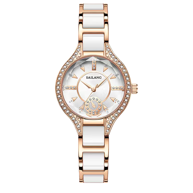 Rose gold diamond-encrusted white porcelain strap quartz wristwatch for women, a light luxury and fashionable timepiece Item Picture