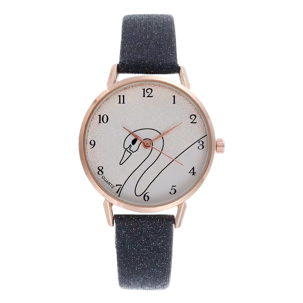 Rose gold case, black glitter strap, white dial, swan pattern watch Item Picture