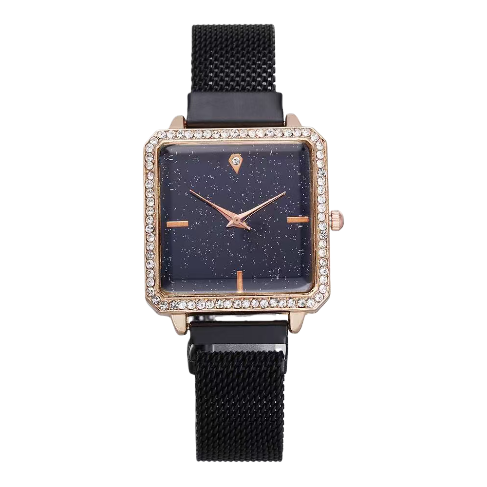 Rose gold diamond-encrusted square watch with black mesh strap, fashionable and light luxury ladies' wristwatch Item Picture