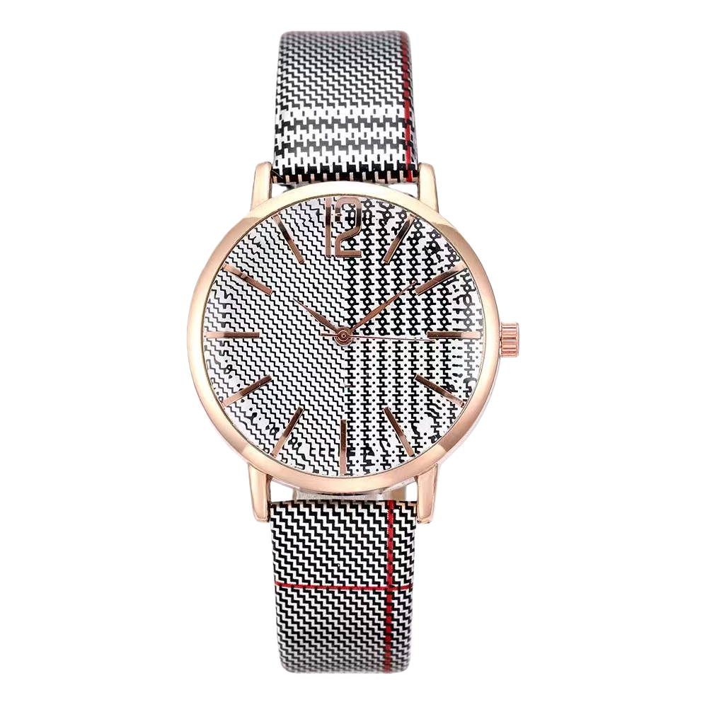 Rose gold case, black and white geometric pattern dial, black and white red checkered strap watch Item Picture