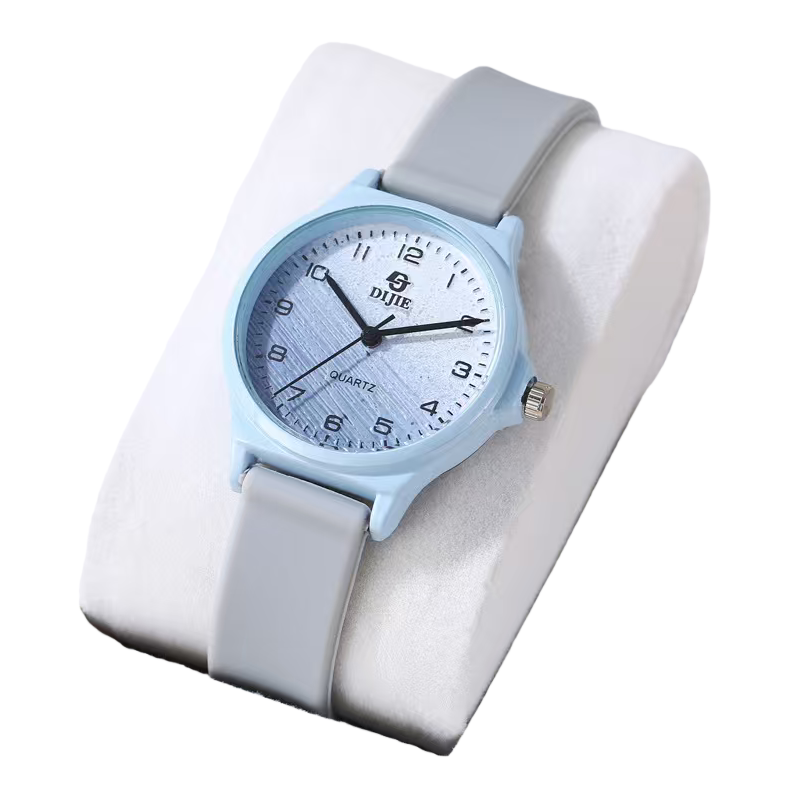 A men's quartz watch with a light blue case and a grey strap Item Picture