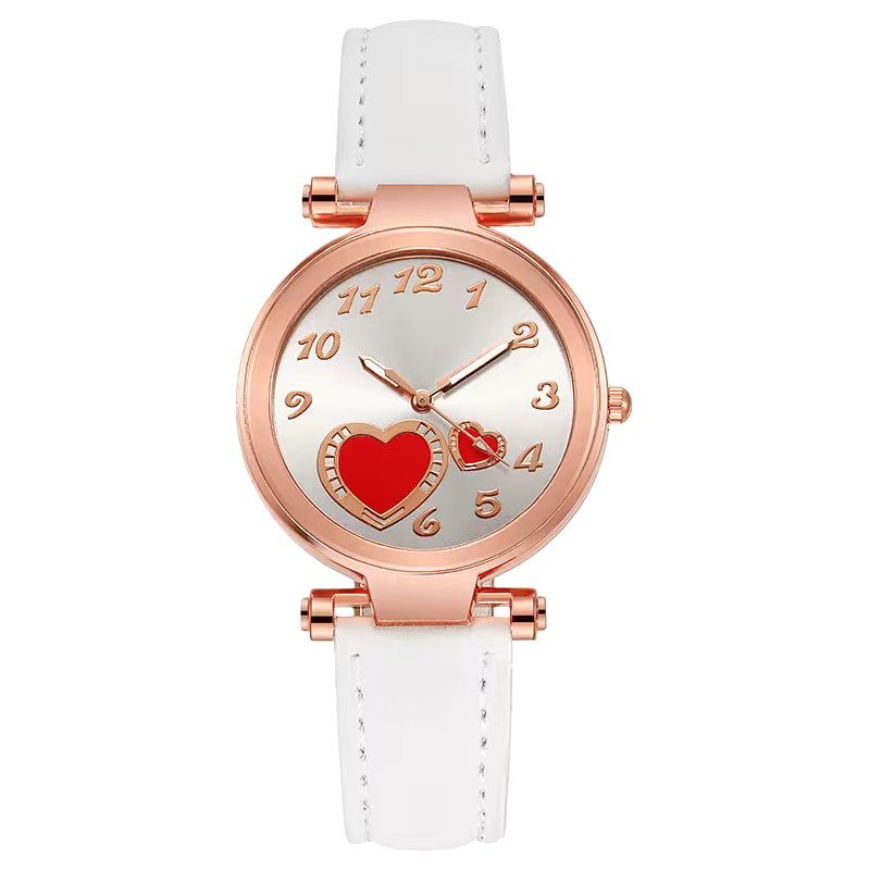 The watch features a white strap, rose gold case, silver dial and red heart decoration Item Picture