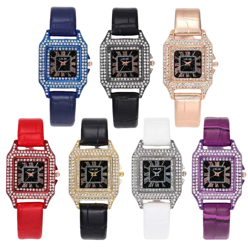 Seven diamond-encrusted square dial ladies' leather strap watches Item Picture