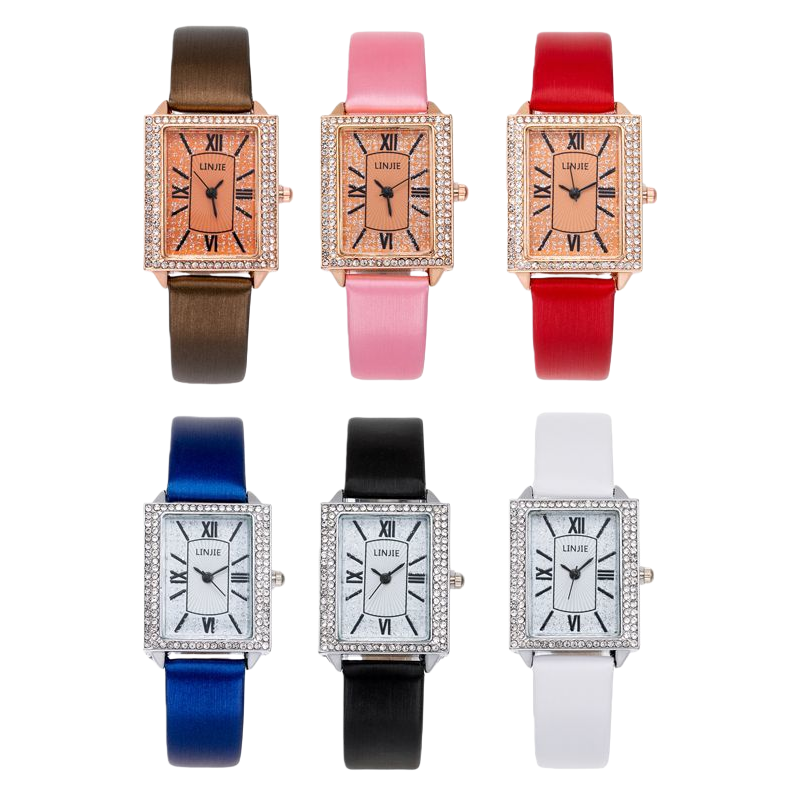Six diamond-encrusted square dial watches with multi-color leather straps Item Picture