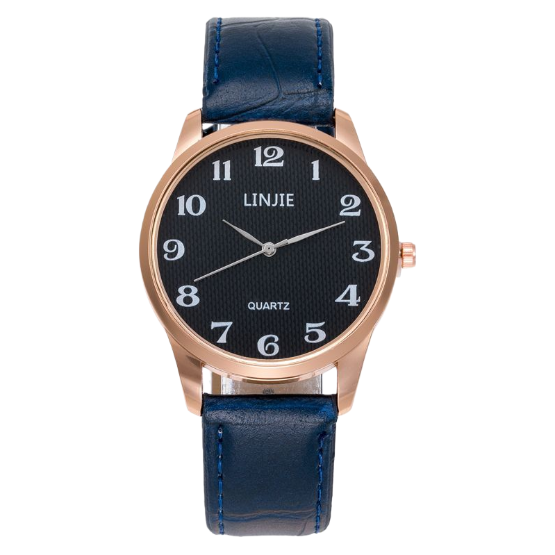A ladies' watch with a blue leather strap, rose gold frame and black dial Item Picture