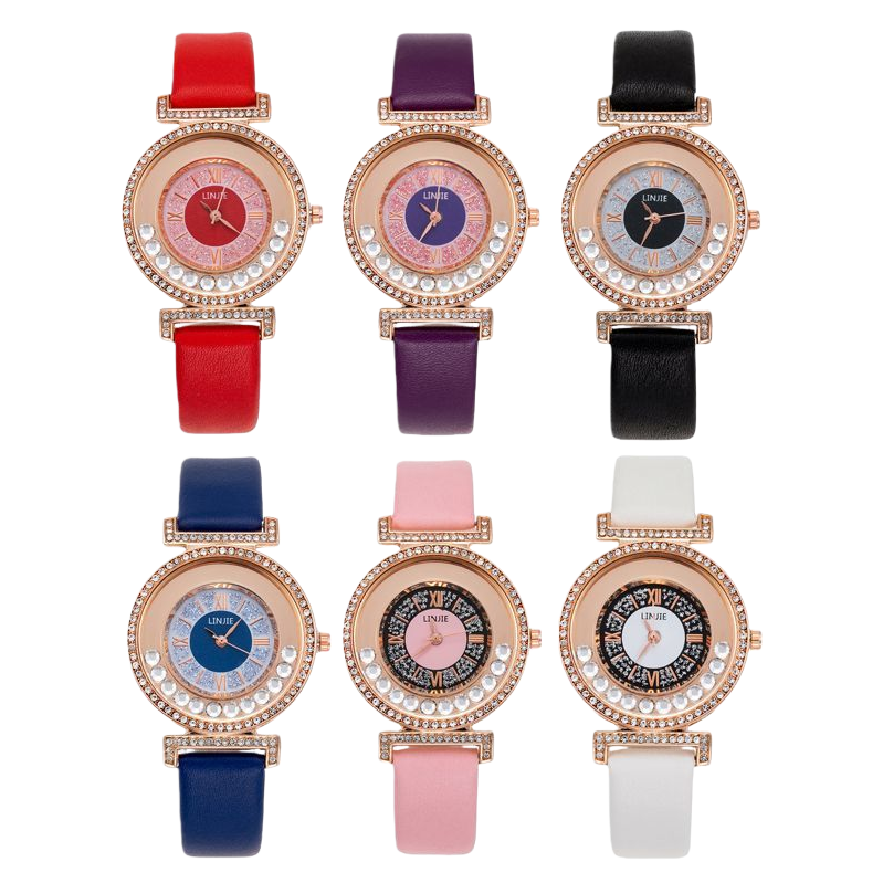 Six ladies' watches with diamond-encrusted dials come with red, purple, black, blue, pink and white leather straps Item Picture