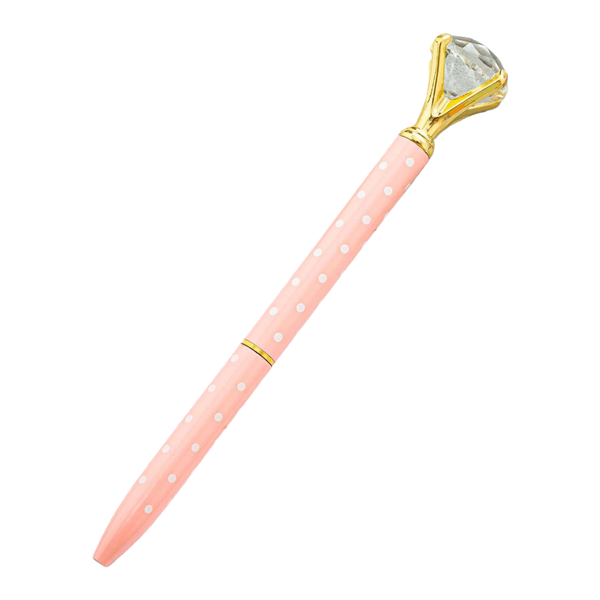 A pink polka dot pen body with a golden diamond cap and a gel pen Item Picture