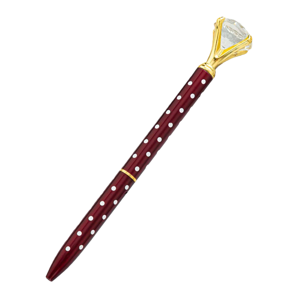 A wine red polka dot pen body with a golden diamond-encrusted cap Item Picture