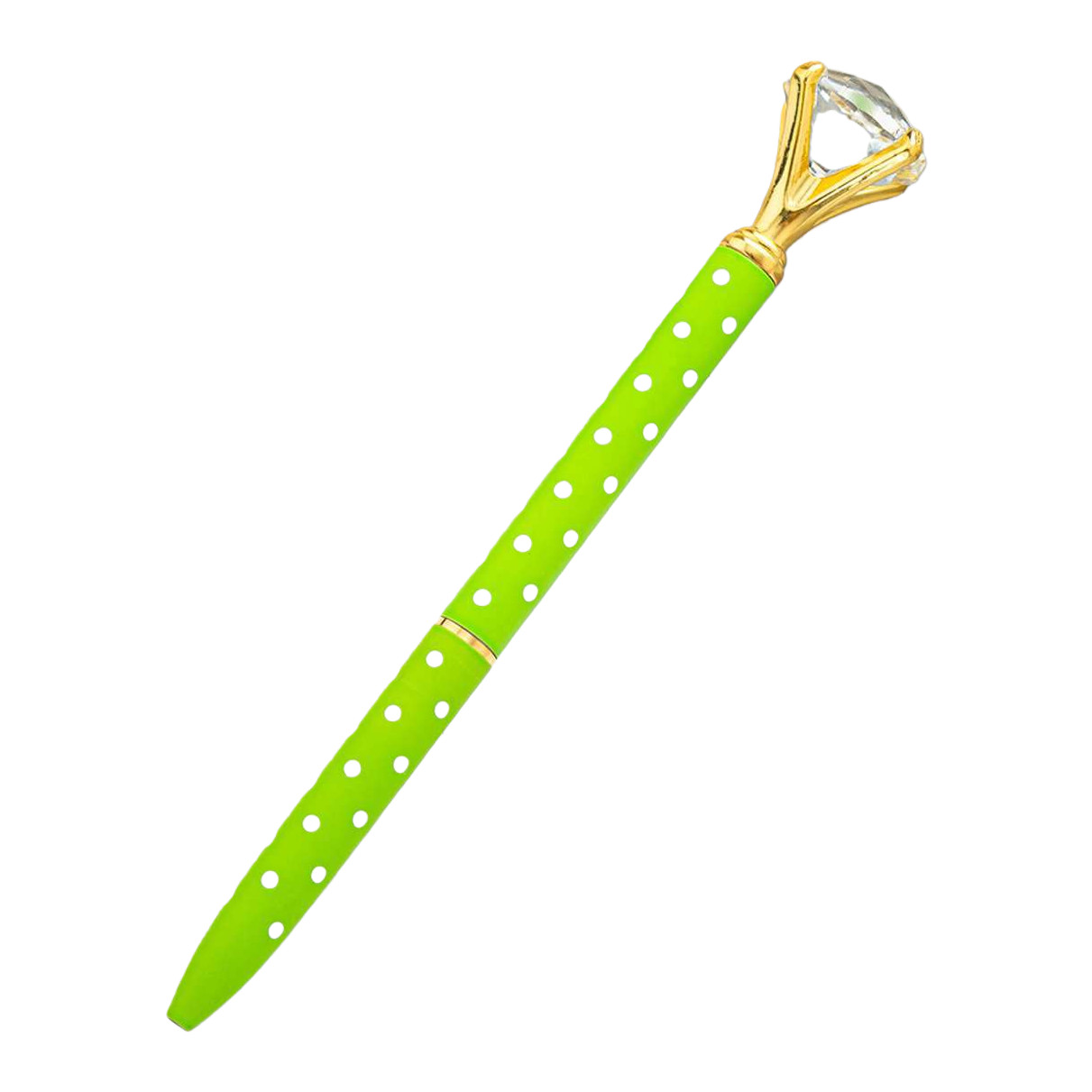 A gel pen with a green polka dot body and a golden diamond-encrusted cap Item Picture