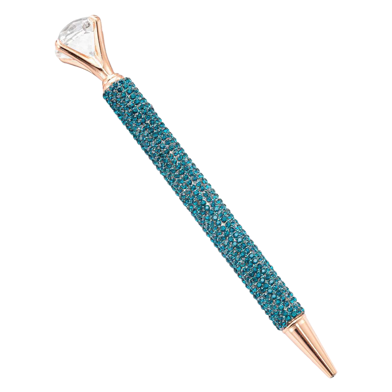 The blue rhinestone decorated pen features a rose gold nib and a diamond-shaped top clip Item Picture