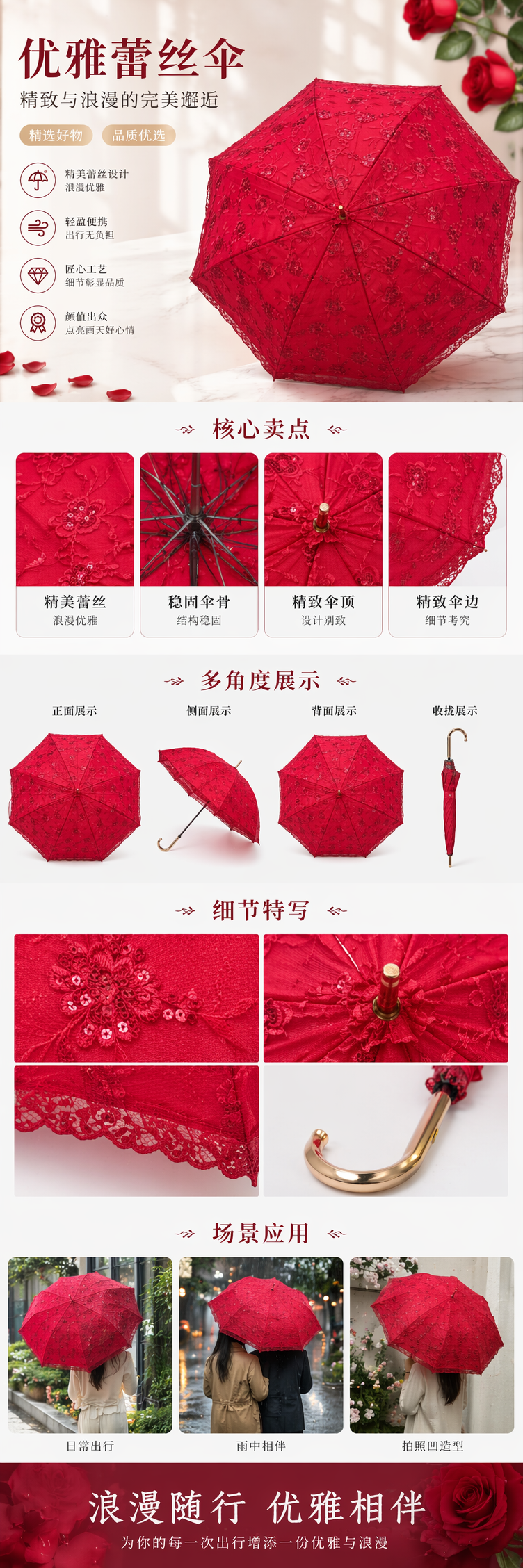 Red lace embroidered all-weather umbrella, waterproof, sun-proof, lightweight and foldable, specially designed for ladies pic 1