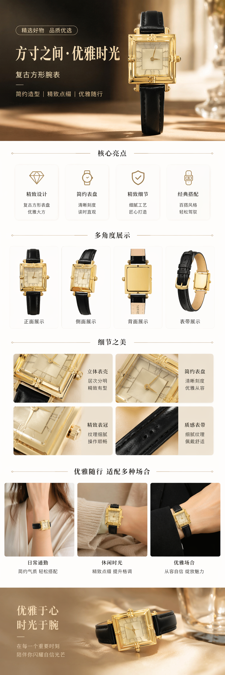 金色方形手表黑色皮质表带简约时尚男女同款 pic 1