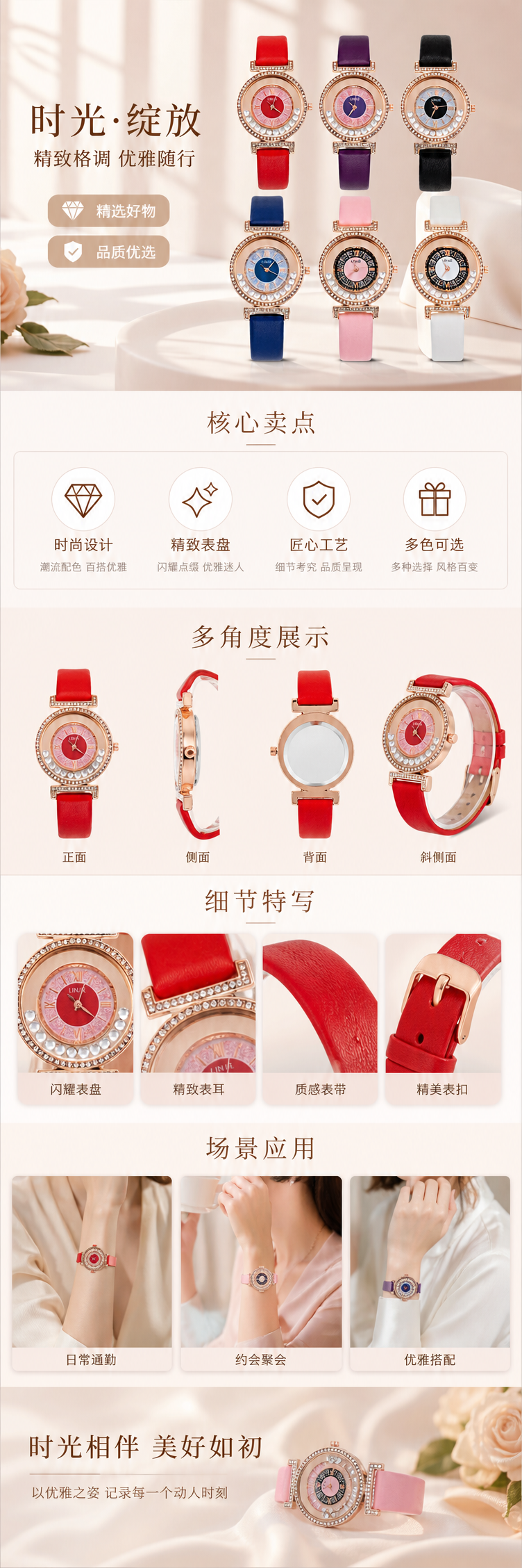 六款镶钻表盘女士手表配红紫黑蓝粉白皮质表带 pic 1
