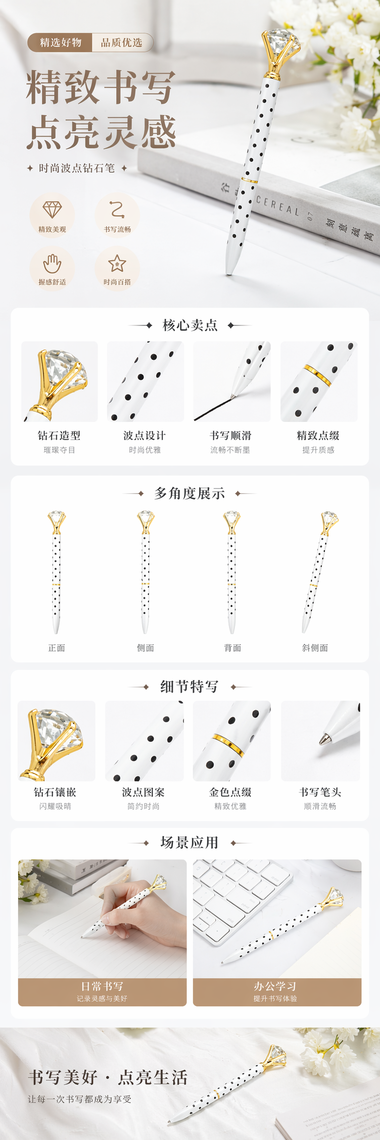 白色波点笔身配金色镶钻笔帽钢笔 pic 1