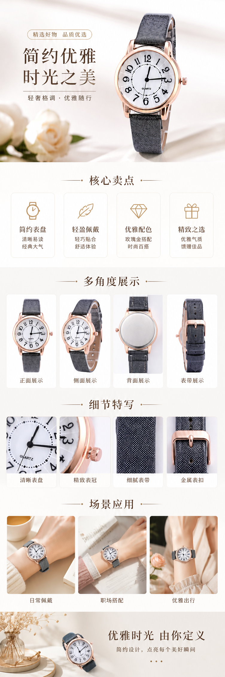 玫瑰金表壳黑色表带白色表盘女士手表 pic 1