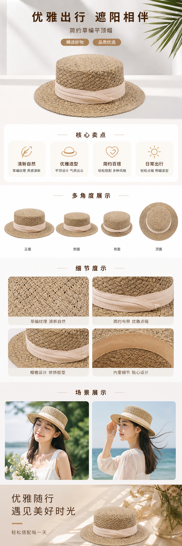 米色草编遮阳帽女夏季透气防晒渔夫帽详情1