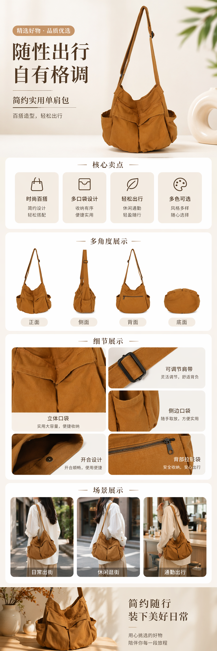 棕色帆布斜挎包轻便百搭通勤休闲单肩小包 pic 1