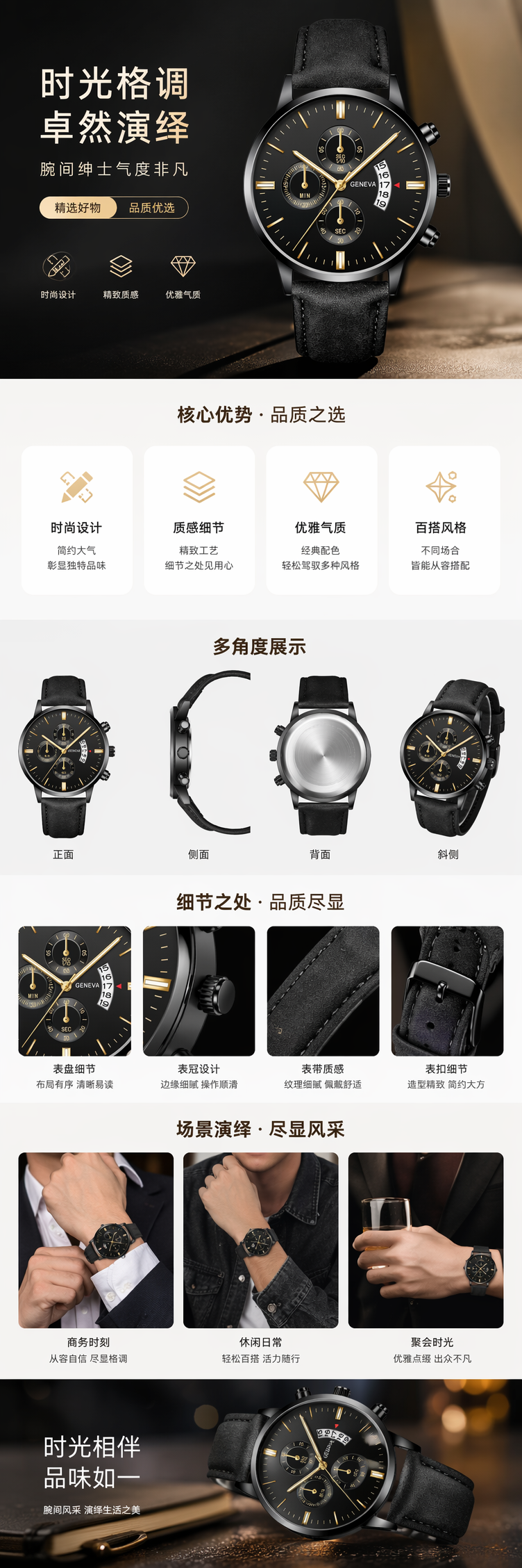黑色表盘计时功能手表 男士商务休闲运动腕表 pic 1