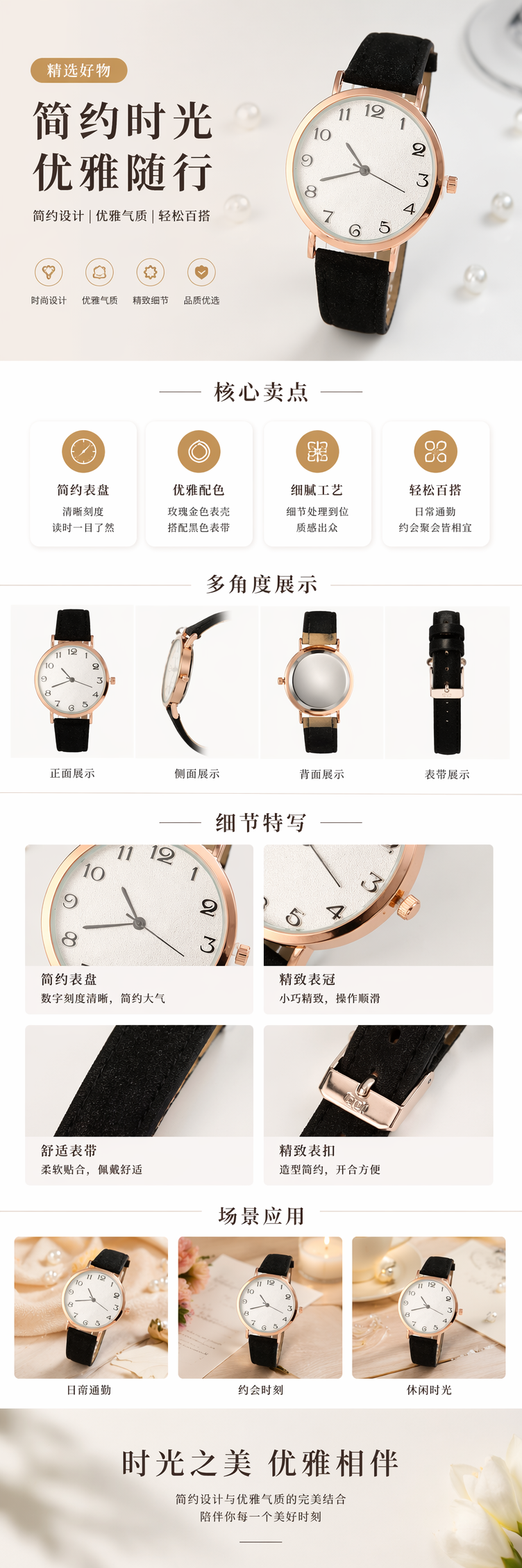 玫瑰金表壳黑色表带白色表盘女士石英手表 pic 1