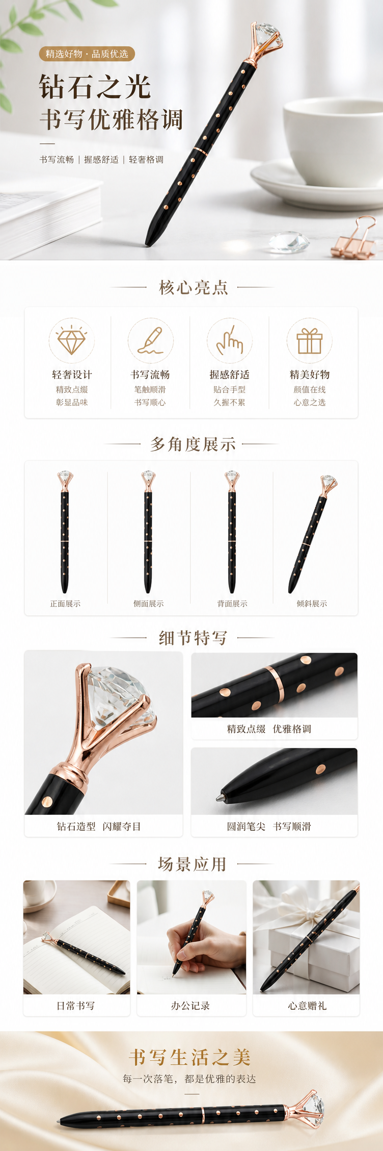 黑色波点钢笔顶部镶嵌玫瑰金钻石造型装饰 pic 1