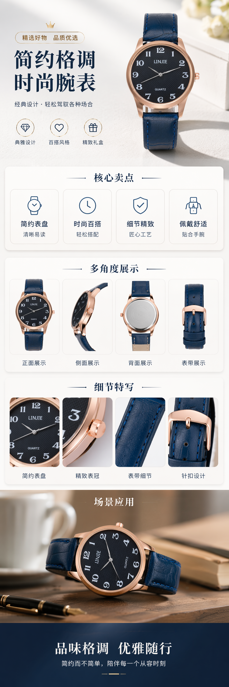 蓝色皮质表带玫瑰金边框黑色表盘女士手表 pic 1