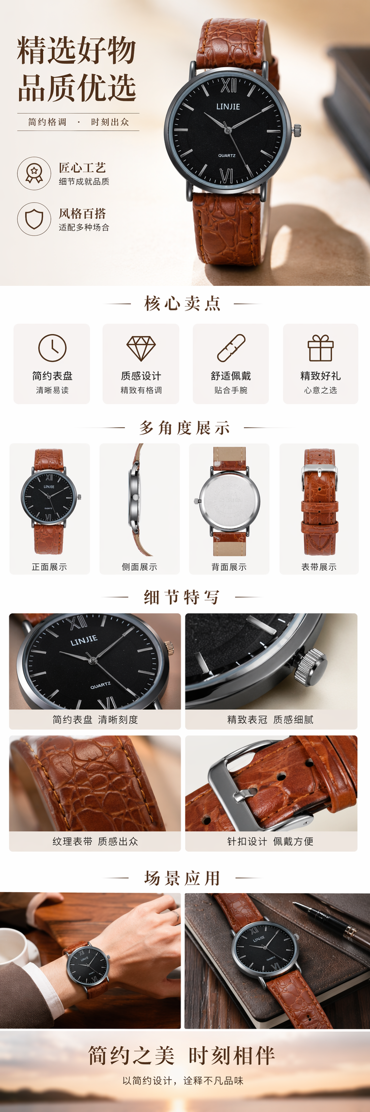 棕色鳄鱼纹皮质表带黑色表盘手表男士商务休闲腕表 pic 1
