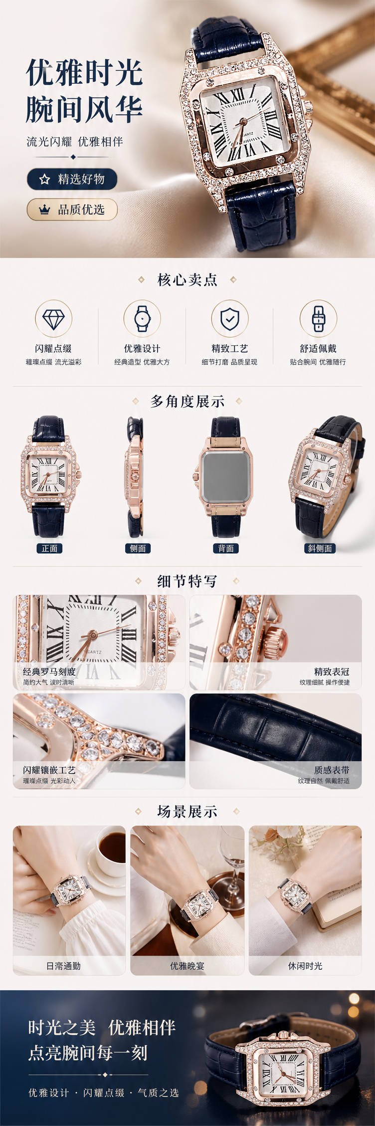 镶钻玫瑰金表壳黑色皮带女士手表 pic 1