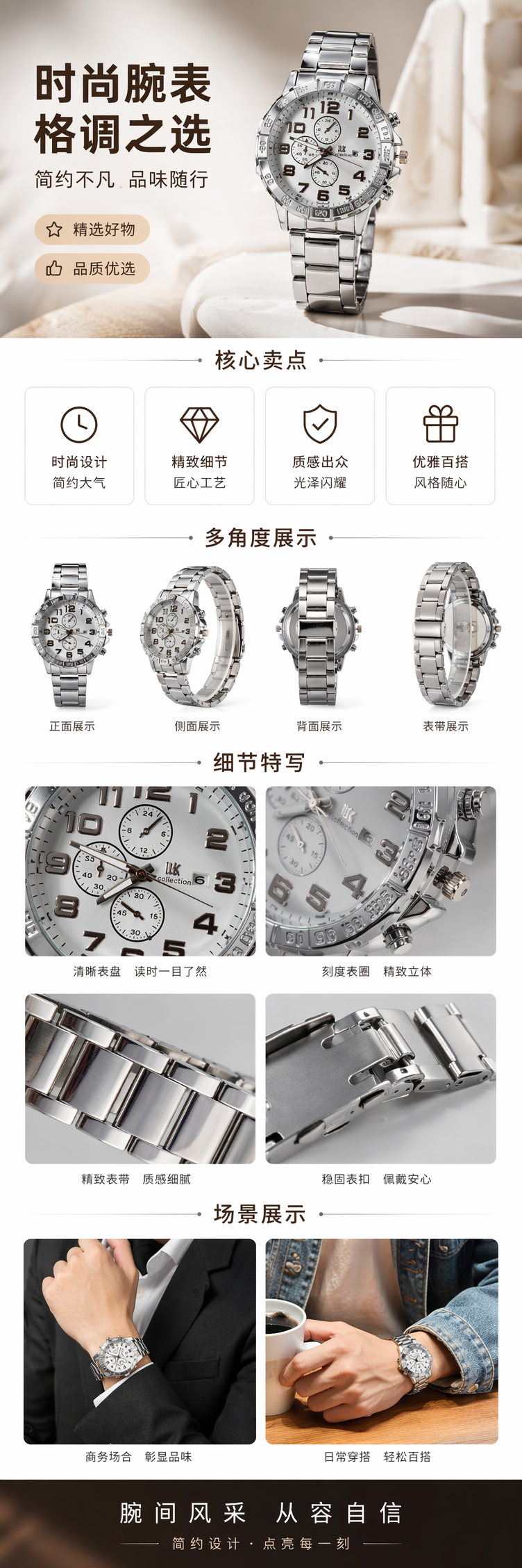 银色金属表带男士石英手表简约商务防水 pic 1