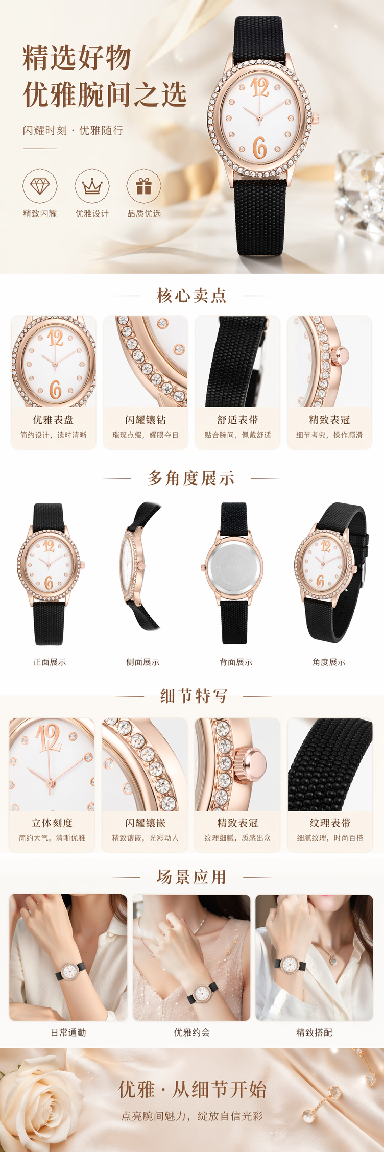 玫瑰金镶钻表盘手表黑色纹理表带时尚轻奢女士腕表 pic 1