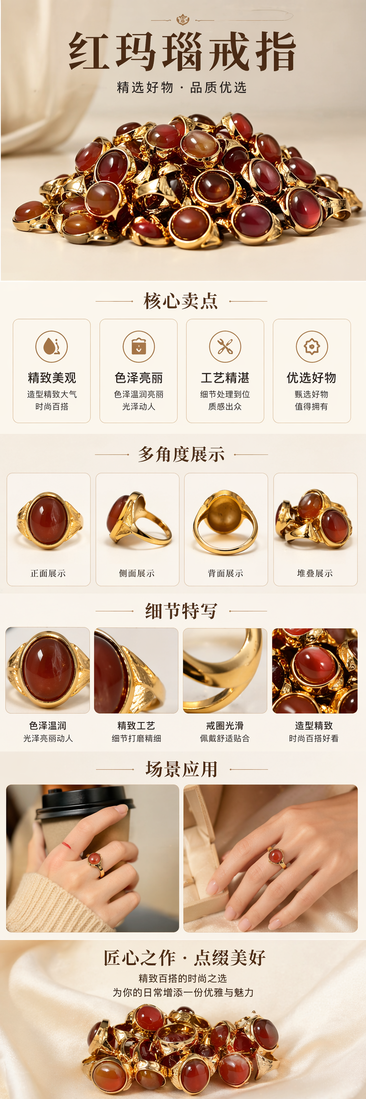 金色红褐色宝石戒指套装 透明塑料袋包装 多枚装详情1