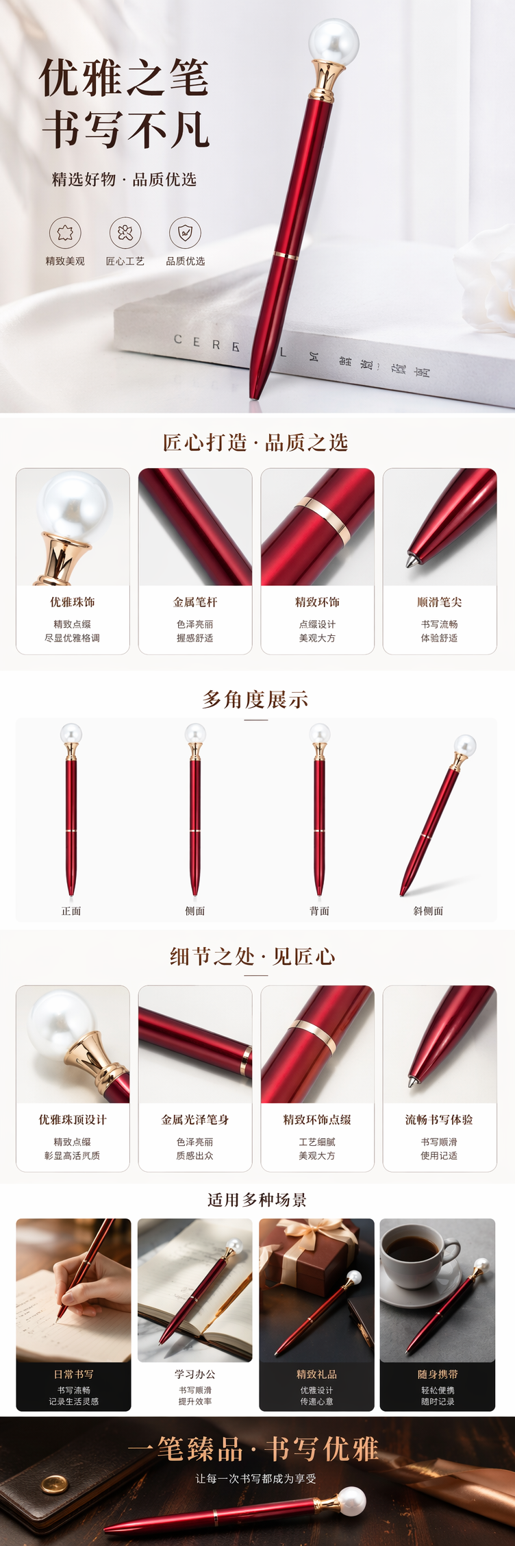 红色珍珠笔帽钢笔 金属笔身 书写流畅 学生办公用 pic 1