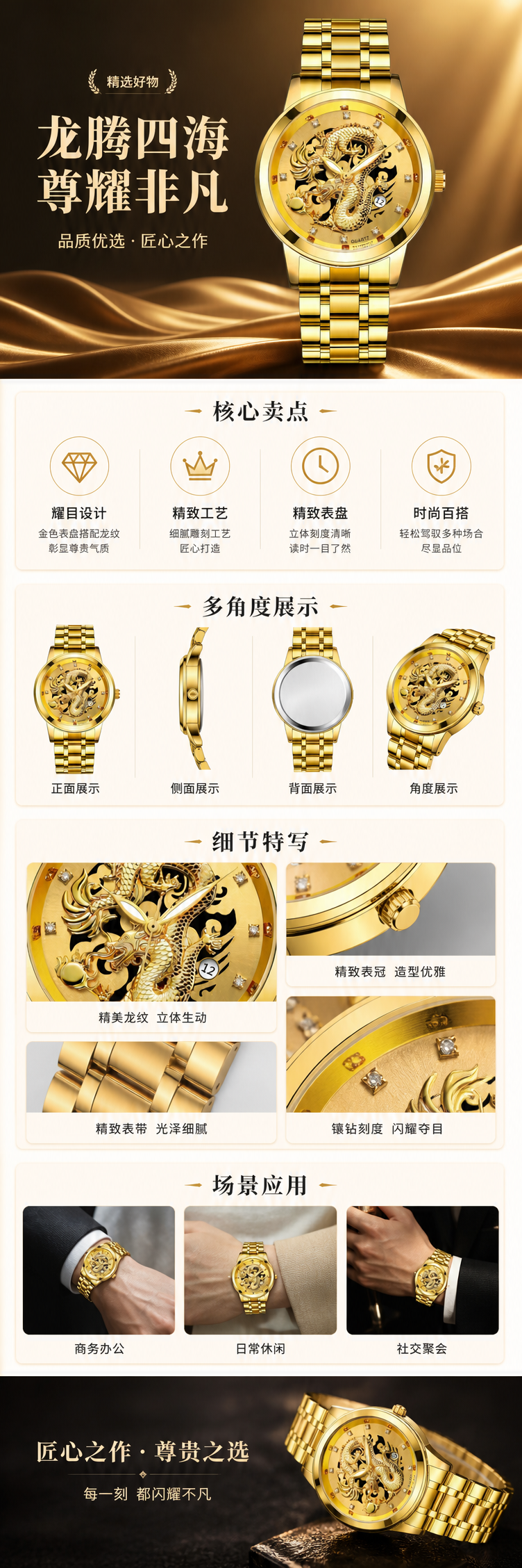 金色龙纹男士机械手表 自动上链 精钢表带 时尚商务休闲 pic 1