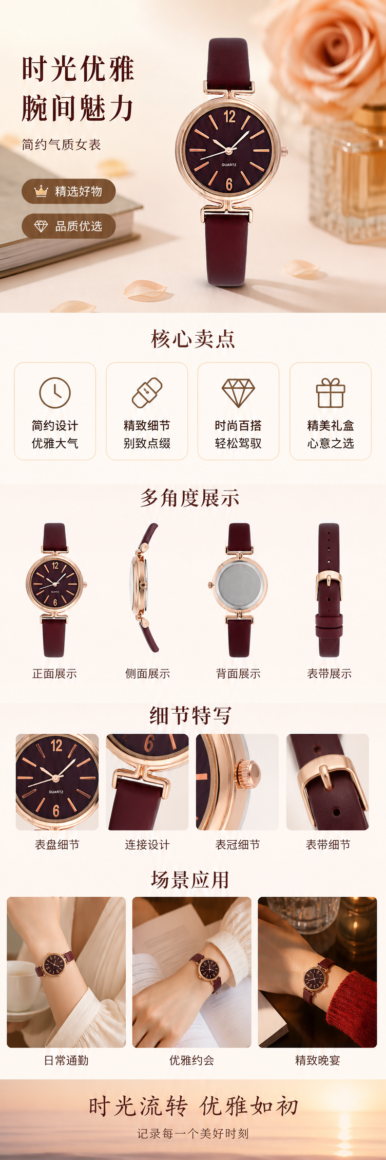 酒红色皮质表带金色表壳手表 pic 1