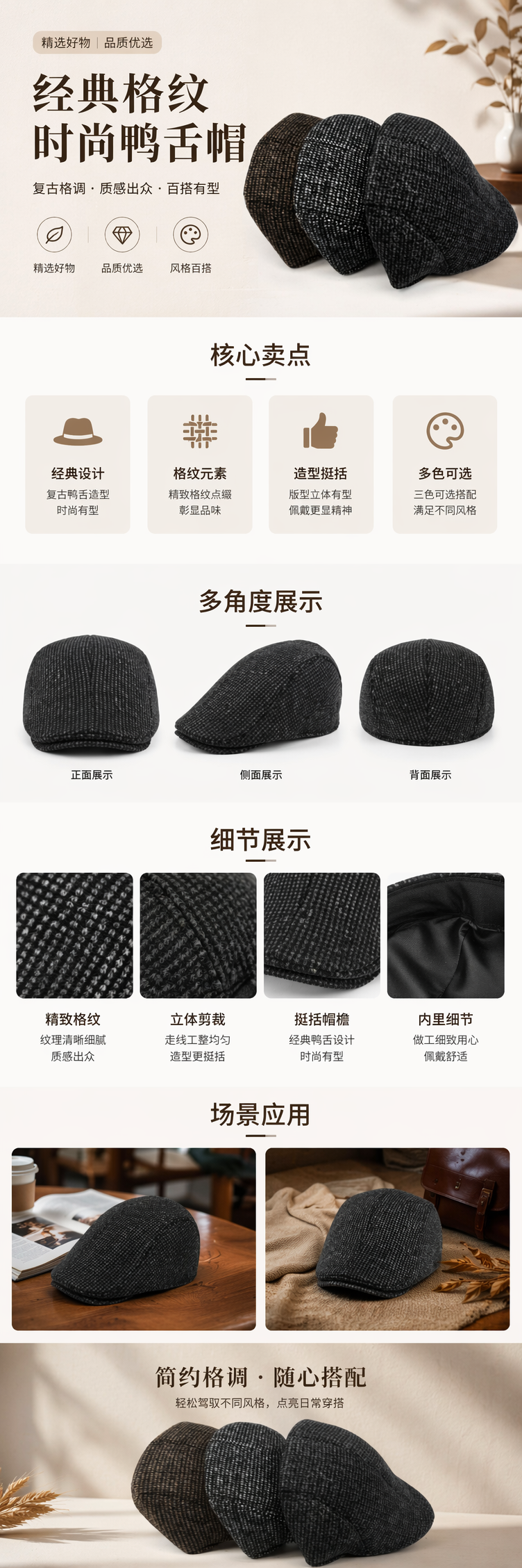 灰色格纹休闲鸭舌帽 男女同款可调节帽檐详情1