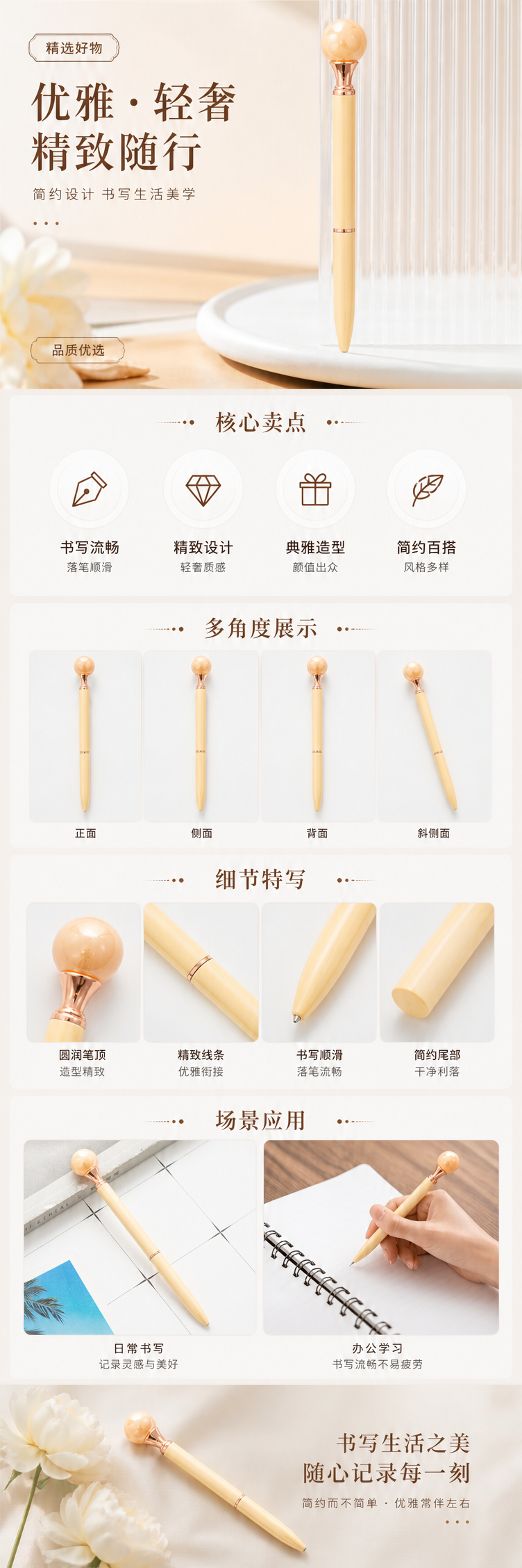 米色笔身玫瑰金装饰中性笔 书写顺滑办公文具 pic 1