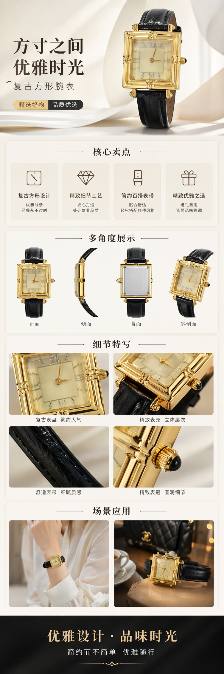 金色方形手表 黑色皮质表带 时尚简约男女士通用 pic 1