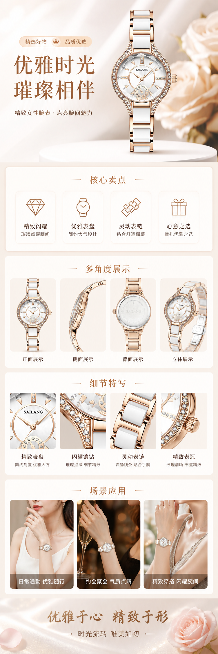玫瑰金镶钻白瓷表带手表 女士轻奢时尚石英腕表 pic 1
