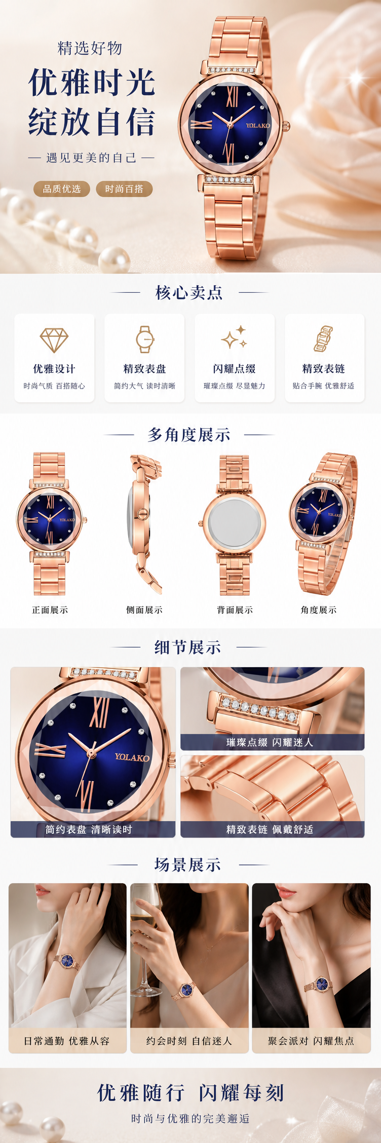 玫瑰金表带蓝色表盘女士石英手表 pic 1