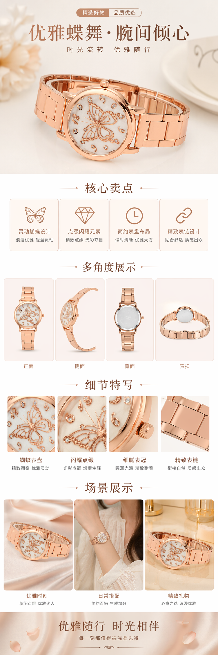 玫瑰金蝴蝶女士手表简约时尚石英表 pic 1