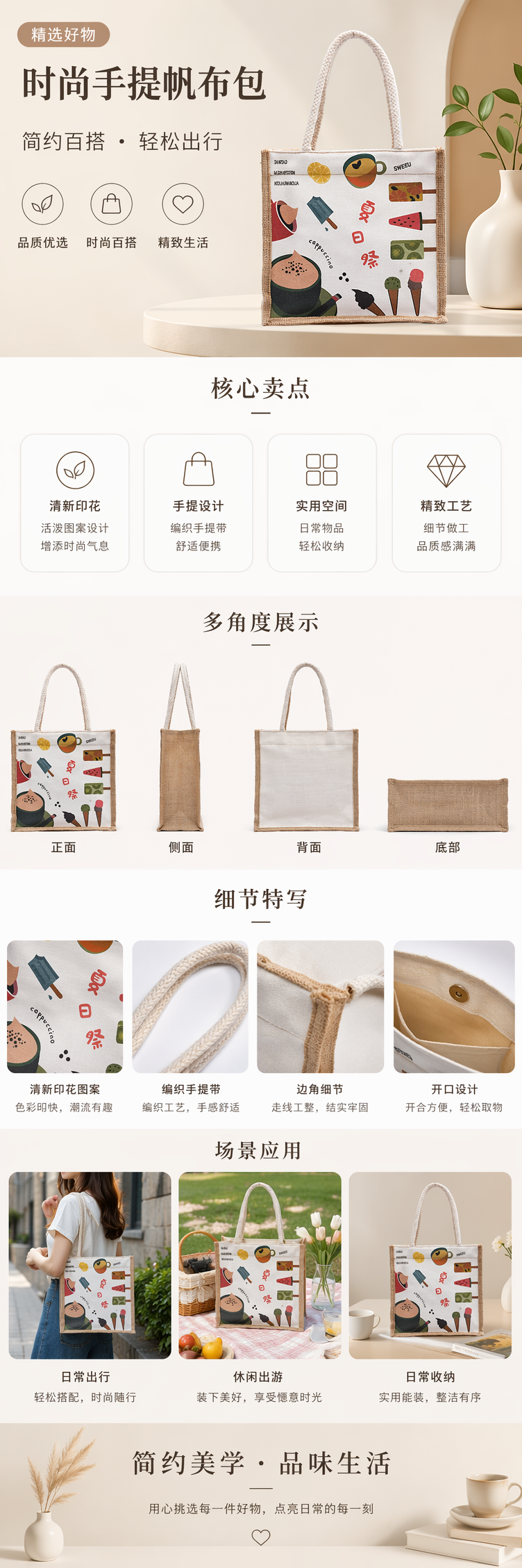米色编织手提袋 咖啡冰激凌水果甜品图案休闲购物袋 pic 1