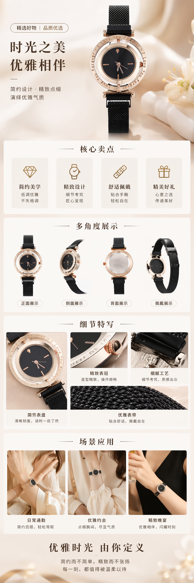 黑色表盘金色边框男士石英手表简约商务防水夜光详情1