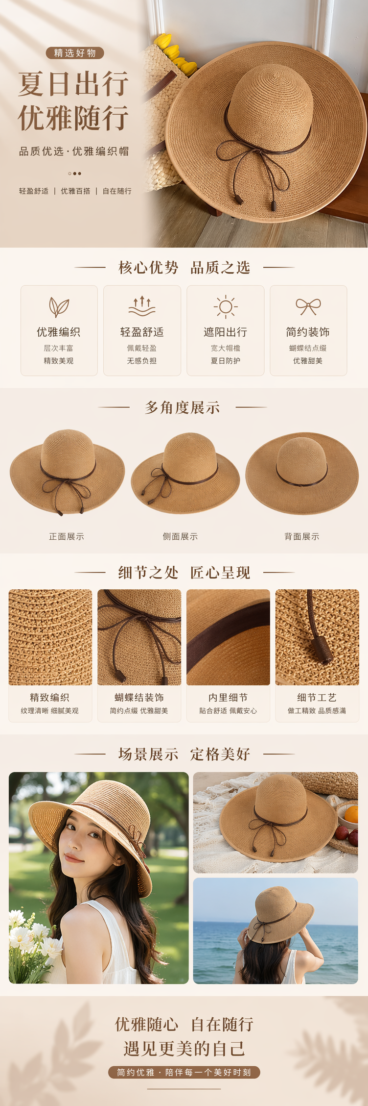 米色草编宽檐帽 女款透气防晒度假风休闲帽详情1