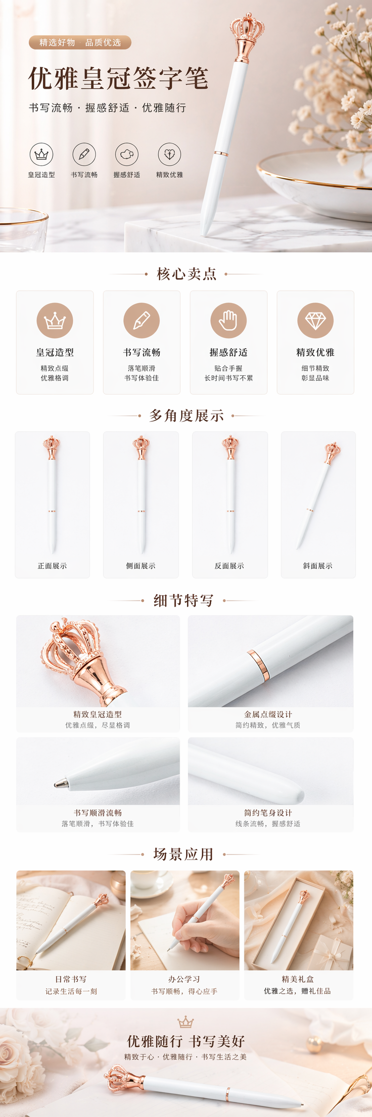 玫瑰金皇冠装饰白色钢笔 时尚办公书写工具 pic 1