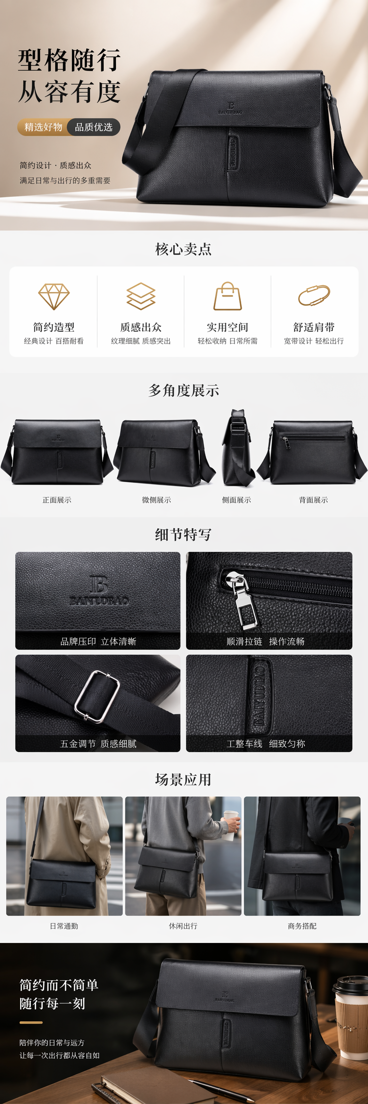 黑色皮质斜挎包女士百搭时尚通勤轻便单肩包 pic 1