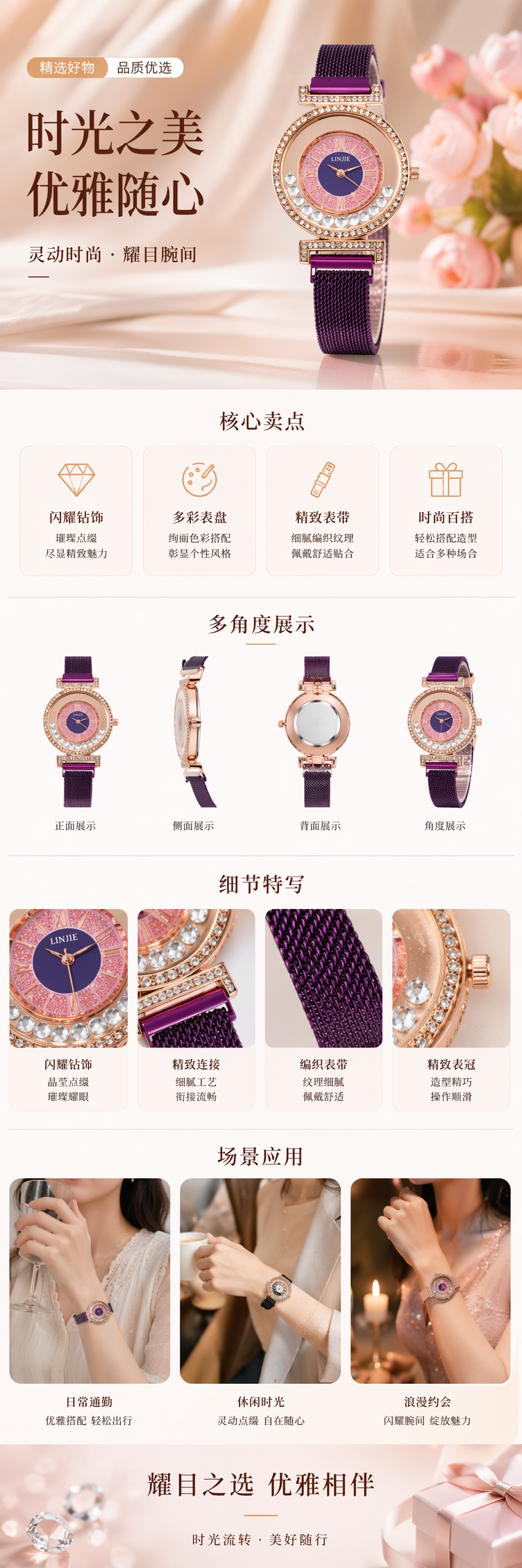 六款镶钻表盘女士手表 玫瑰金表壳金属网带 pic 1
