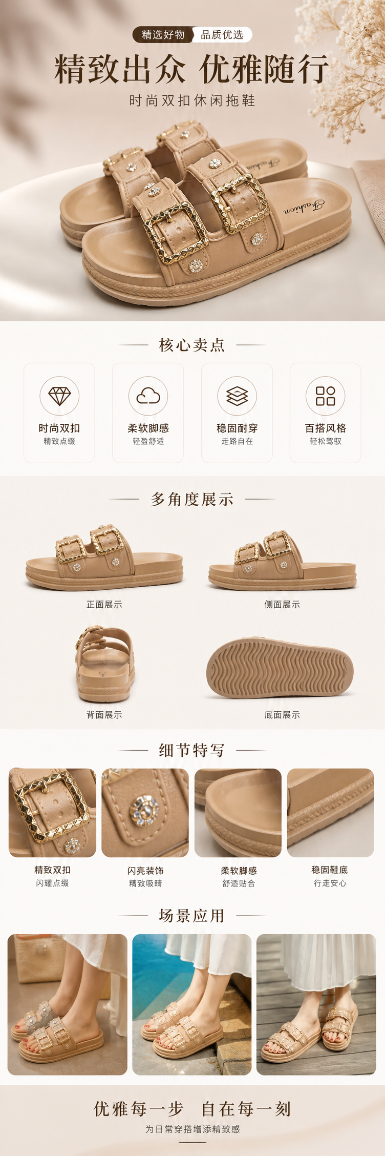 米色双带镶钻凉拖女夏季舒适防滑平底 sandals slipper拖鞋女夏季时尚详情1