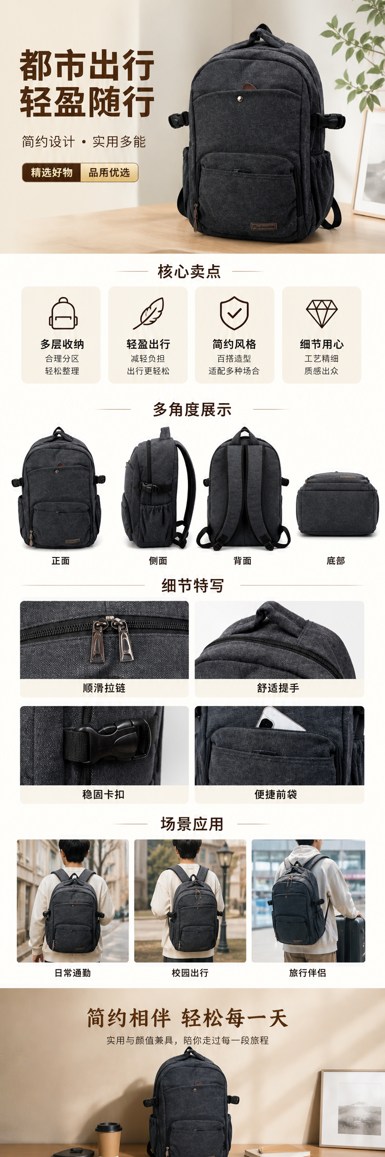 深灰色帆布背包大容量轻便通勤学生书包 pic 1