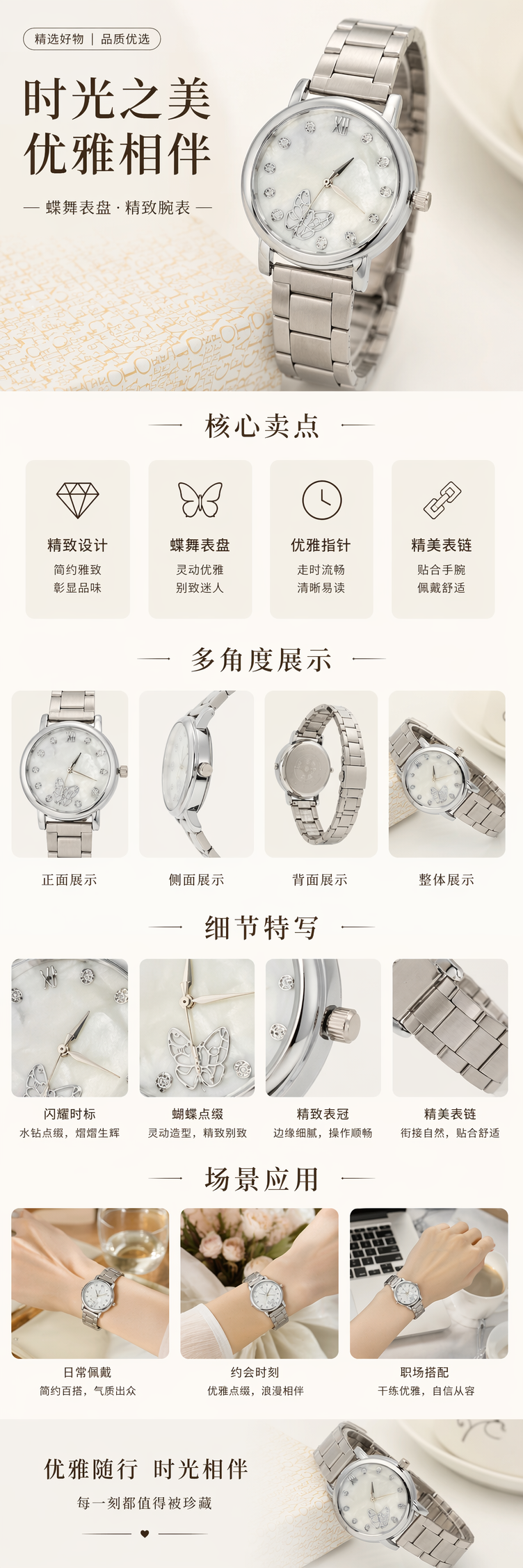 银色金属表带白色珍珠母贝表盘蝴蝶钻石时标手表 pic 1