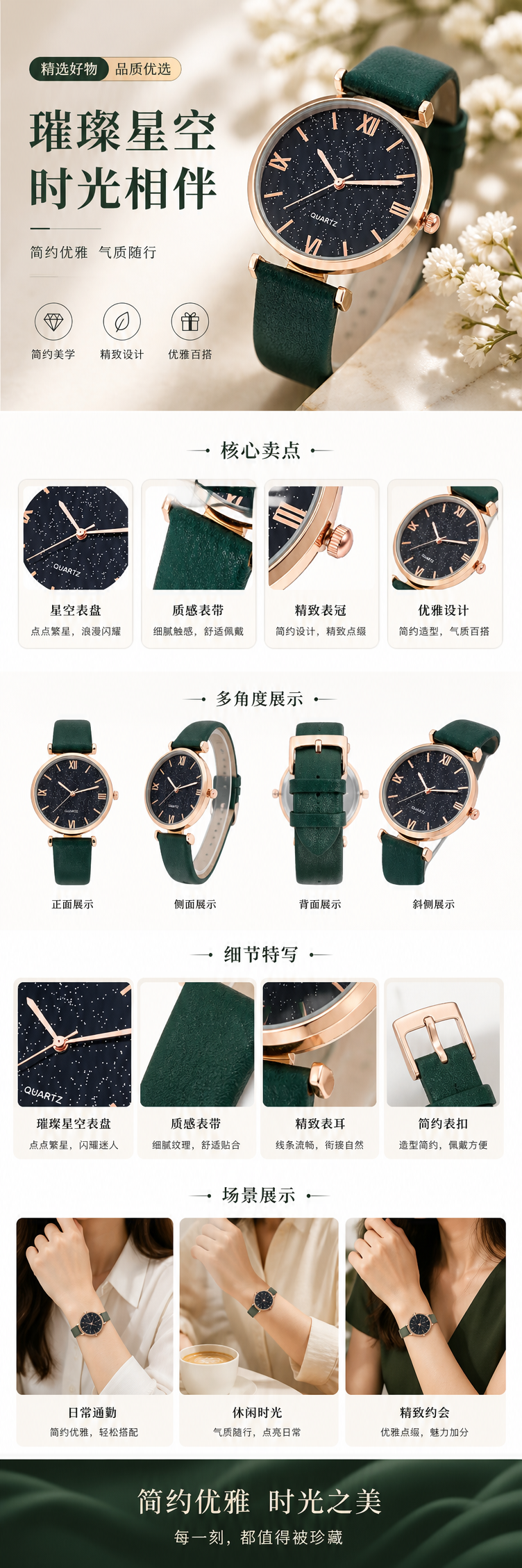 绿色表带金色边框黑色星空表盘手表 pic 1
